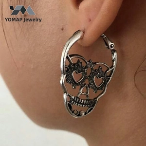 Detailed close-up of retro skull hoop earring with heart-shaped eye sockets on model