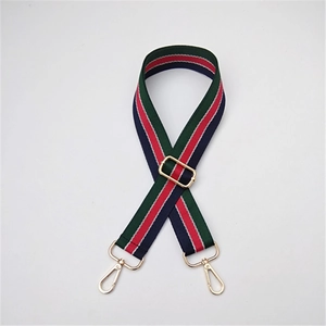 Detail of adjustable canvas strap with green and red stripes and gold metal hardware