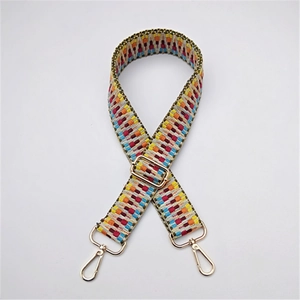 Adjustable ethnic woven shoulder strap with colorful geometric patterns and gold metal clips