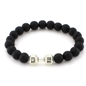 Volcano stone beaded bracelet with silver dumbbell pendant featuring LIVE LIFT engraving