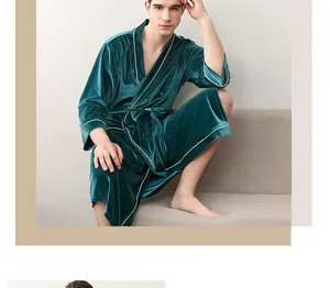 Detailed close-up of teal velvet robe shawl collar with contrasting white piping