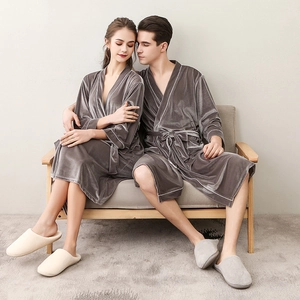 Luxurious dark grey velvet long couple robes with white piping and matching belts