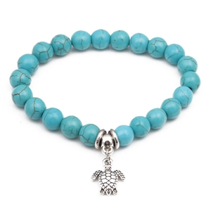 Turquoise 8mm beaded bracelet with silver turtle pendant for men and women