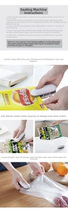 Detailed view showing operation steps for sealing snack bags with a portable mini sealer