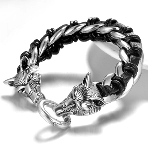 Men's double wolf head braided black leather and 316L stainless steel bracelet