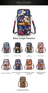Detail display of ten colorful floral patterns on waterproof crossbody phone bags