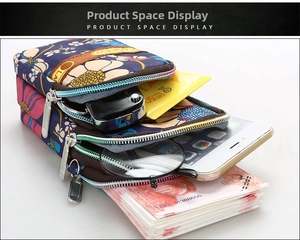 Detailed view of triple-zipper floral canvas arm bag storage for phone and accessories