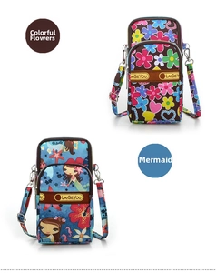 Detail view of floral and mermaid patterned waterproof nylon crossbody phone pouches
