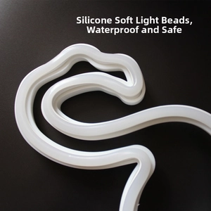 Close-up of flexible silicone neon light strip showing waterproof design and S-shape curve