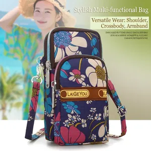 Floral Print Cell Phone Bag Waterproof Nylon Multi Layer Zipper Outdoor Running Sports Crossbody Shoulder Arm Band Women