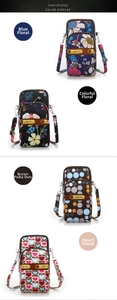 Vertical detail of four water-resistant nylon phone bags with floral and heart patterns