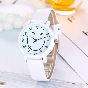 Close-up of white round dial with smiley face and leather strap of the quartz watch