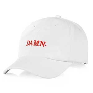 White cotton baseball cap with red DAMN. embroidery shown in a professional side profile