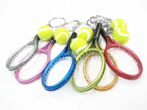 Mini tennis racket keychains in six metallic colors with tiny yellow balls