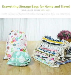 Detail of assorted cotton linen drawstring bags with nature prints and dual cords