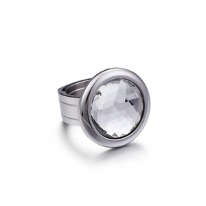 Exaggerated silver stainless steel ring with a large round faceted clear crystal stone