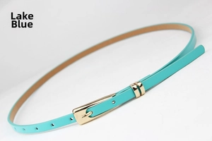 Close-up of a lake blue skinny waist belt with a golden metal pin buckle for women