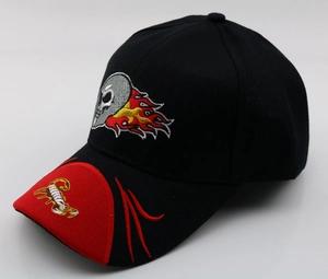 Detail view of flame skull and scorpion embroidery on black outdoor baseball cap