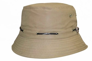 Detail of khaki bucket hat featuring breathable metal eyelets and SPORT drawstring