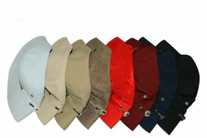 Flat lay of breathable fisherman hats in eight colors featuring adjustable chin straps