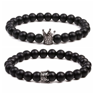 Matte schwarze 8mm Perlenarmbänder mit Kronenanhänger und Zirkonia für Herren-Sets