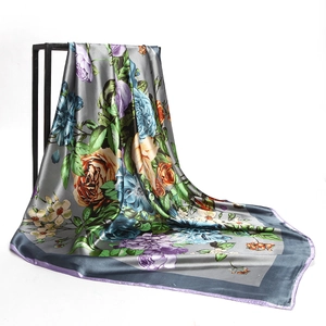 Elegant 90cm faux silk floral scarf with colorful roses and butterflies on grey background