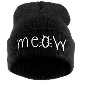 Meow Letter Embroidery Cat Face Knitted Beanie Hat Acrylic Warm Winter Cuffed Skull Cap For Women Men Hip Hop Streetwear