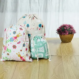 Drawstring Storage Bags Cotton Linen Printed Cartoon Travel Packing Pouches Dustproof Organizers Multipurpose Home Gift