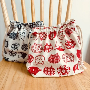 Sacs à lunch japonais à cordon rouge et noir avec motifs de chats et de vagues