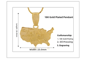Detail view of 18K gold plated USA map pendant with engraved city names and dimensions