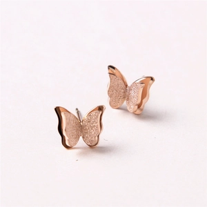 Butterfly Stud Earrings Titanium Steel 18K Rose Gold Plated Frosted Polished Double Wing Fashion Jewelry For Women