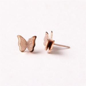 Frosted 18K rose gold butterfly stud earrings with sparkling matte finish for women