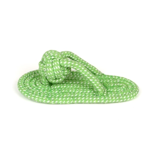 Green and white woven cotton rope dog toy in sandal shape for chewing and cleaning teeth