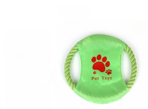 Durable green cotton rope flying disc dog toy with Pet Toys logo for tooth cleaning