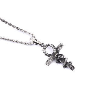 Gothic silver snake wrapped ankh cross pendant on a twist chain in vintage style