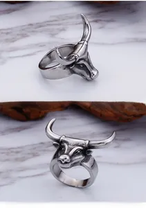 Macro detail of a punk bull head ring in vintage titanium steel with matte silver finish