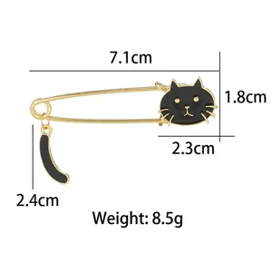 Cute black and white enamel cat pin with wagging tail pendant in gold metal finish