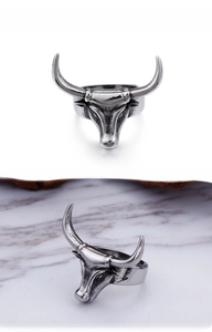 Detailed views of a vintage bull head punk ring in aged silver finish steel