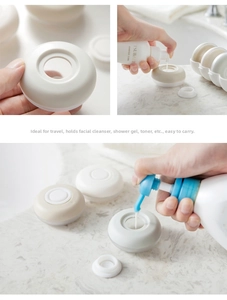 Detailed step-by-step filling process of portable travel bottles on marble surface