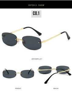 Detail view of gold metal temples and oval black lenses on rimless Y2K sunglasses