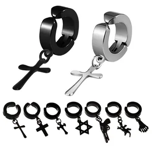 Titanium steel non-piercing earrings set with cross, star, and skull charms in black finish