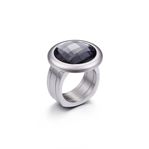 Exaggerated silver stainless steel wide ring featuring a faceted round black stone inlay
