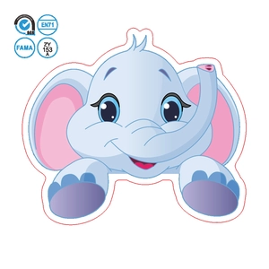 Dettaglio adesivo da parete elefante blu con modello ZY 153 A e certificazione di sicurezza EN71