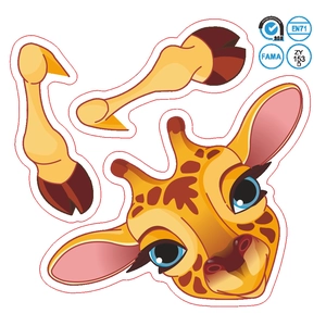 Dettaglio dell'adesivo murale giraffa cartone con loghi EN71 SGS FAMA e stampa di alta qualità