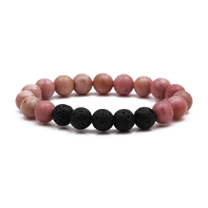 Bracelet en perles de pierre de lave rose et noire 8mm pour homme avec cordon élastique
