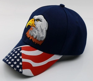 Detail of eagle embroidery and US flag pattern on a navy blue baseball cap
