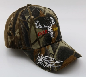 Detail of camouflage baseball cap featuring Deer Hunt embroidery and 3D stitching texture