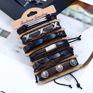 Men's retro multi-layer woven leather bracelet set with punk skull charms and metal accents