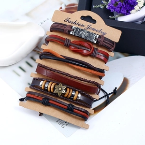 Bohemian punk 6-piece men leather bracelet set with wooden beads and star charms on card