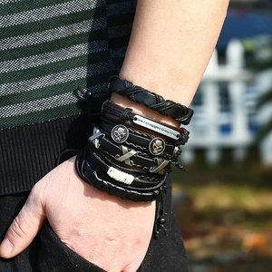 Men's multilayer vintage braided leather bracelet set with skull and quote metal plate